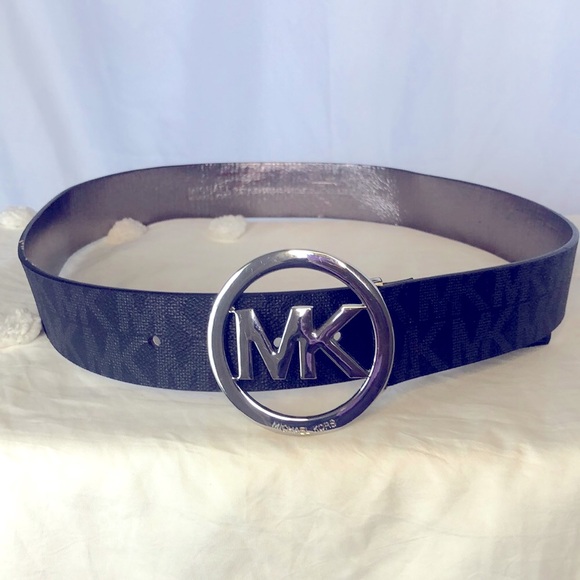 MICHAEL KORS black and gray signature women’s belt. Size M. Silver MK buckle. - Picture 1 of 13